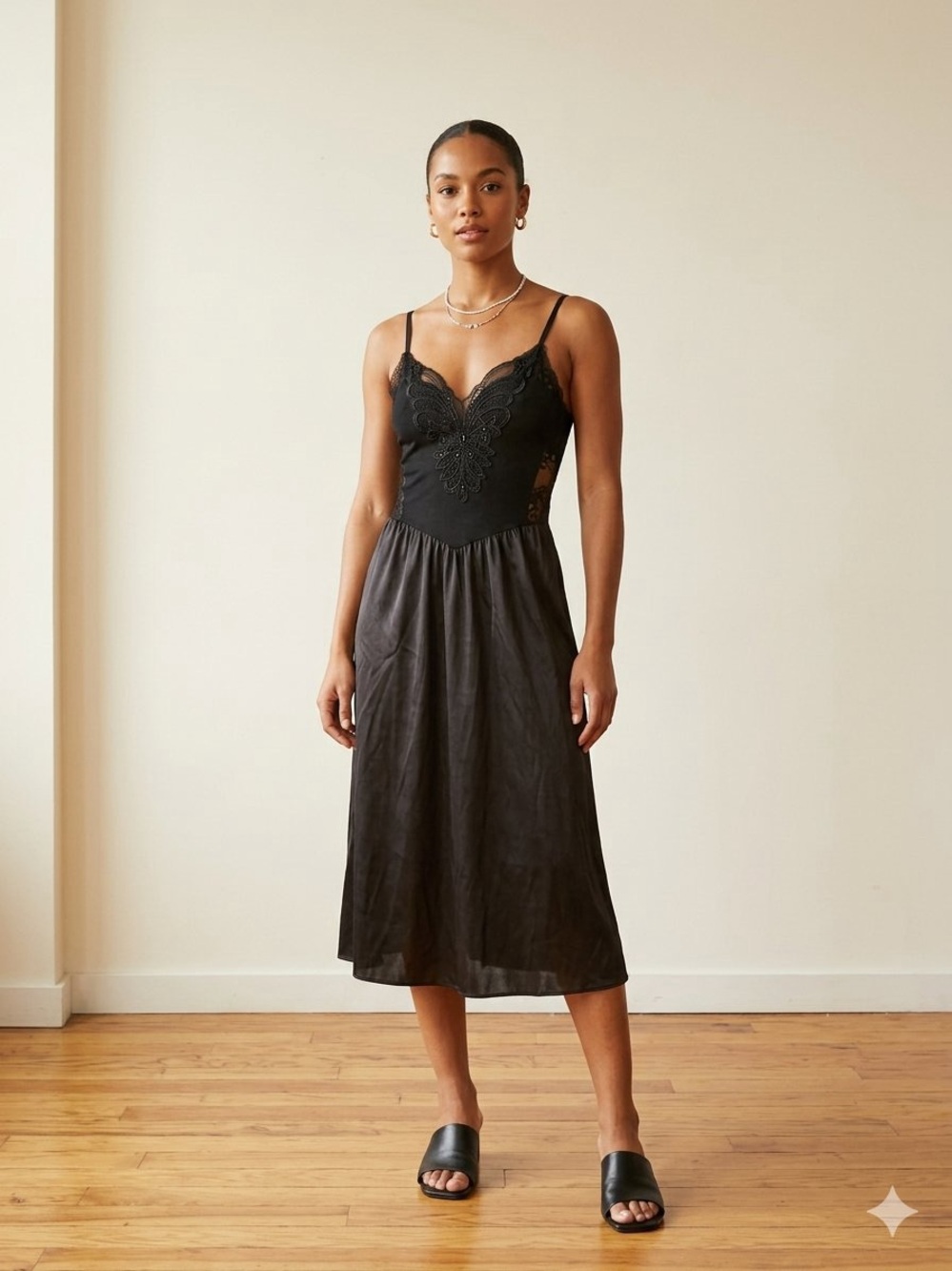 Adonna Black Lace-Detail Midi Slip Dress
